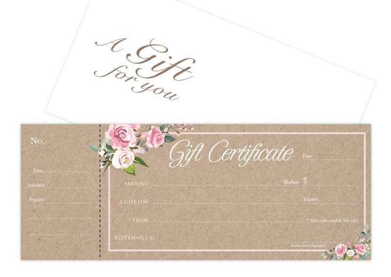 IMPACTONLINEPRINTING Blank Gift Certificates 25set, Rose Kraft Image, gift certificate for business, Comes with Free matching Envelopes, Sequential Number - Small Business, Restaurant, Spa, Beauty Salon - Image 1